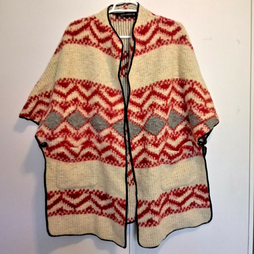 Zara Woman M Poncho Sweater Beige Orange Open